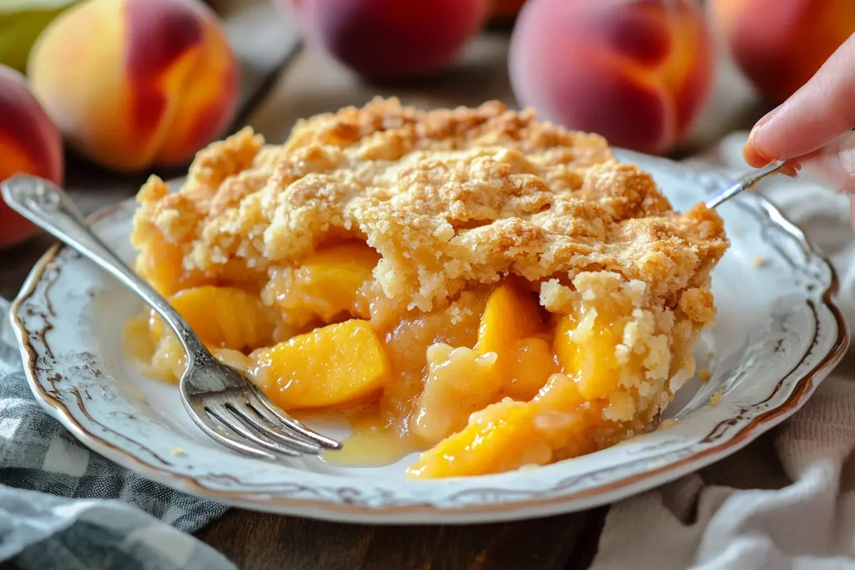 A perfectly baked peach cobbler with a golden-brown topping and thick filling, served on a plate with a hand ready to take a bite.