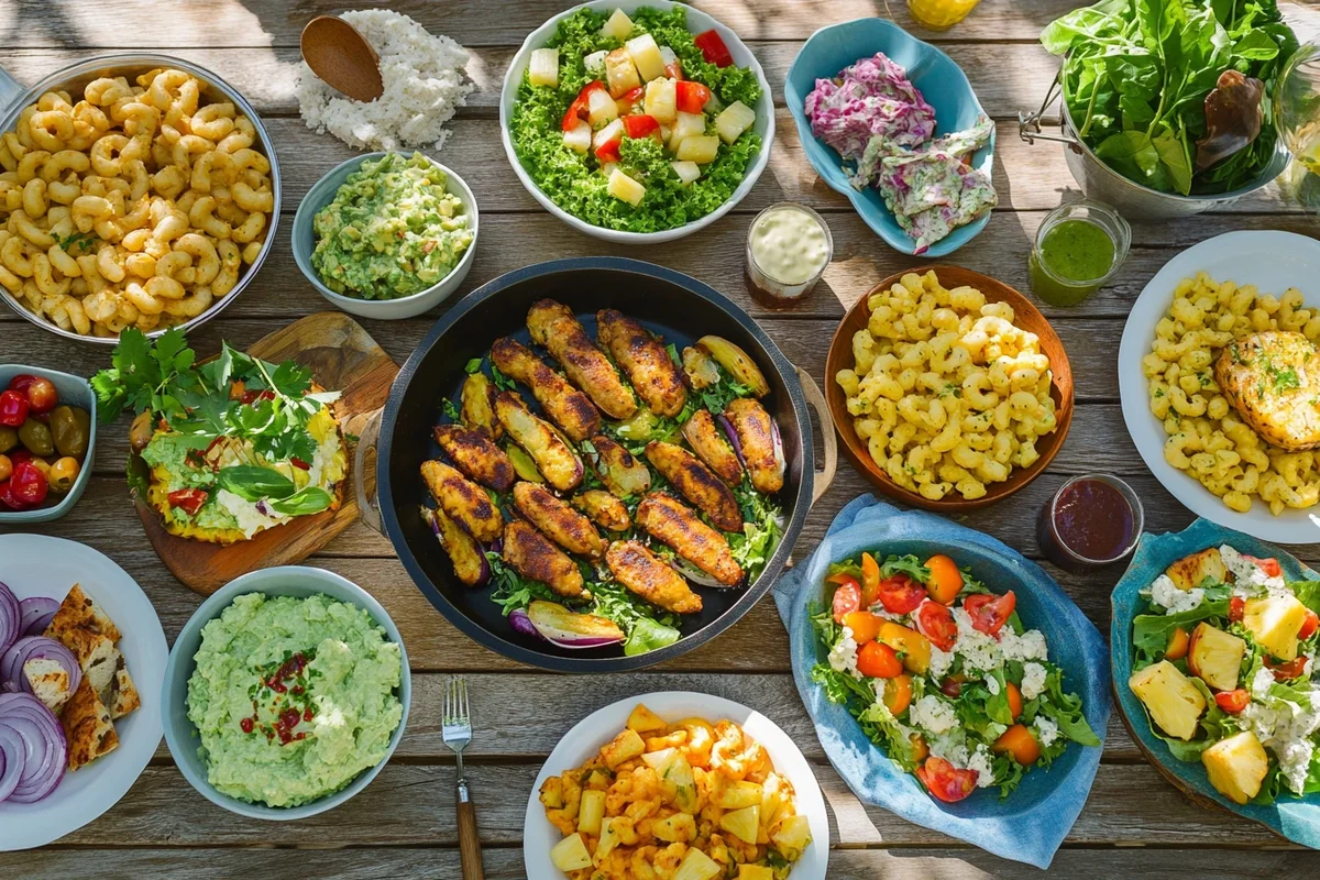 A casual family dinner or picnic with Beanie Weenies served with sides like potato salad, mac and cheese, roasted vegetables, green salad, guacamole, and pineapple salad.