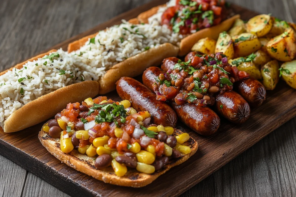 International variations of beans and weenies: Mexican-style with salsa and rice, British-style on toast, and German-style with bratwurst and potatoes.