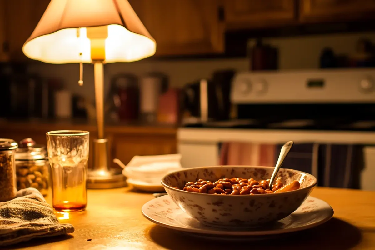 Cozy kitchen table with remnants of Beanie Weenies after a meal