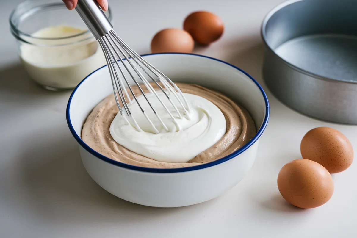 Mixing Greek yogurt into cake batter as a vegetable oil substitute.