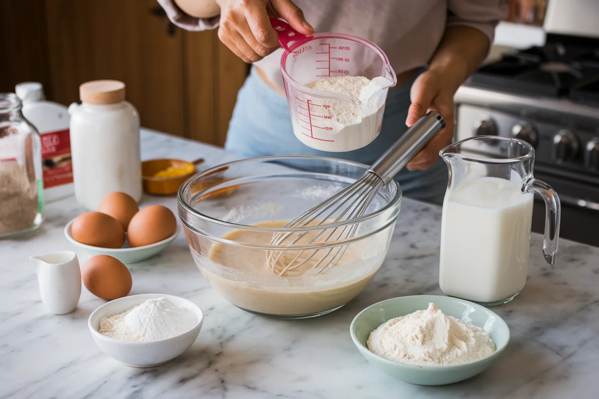 Gluten-free baking scene with mixing bowl, whisk, and ingredients on a marble countertop.