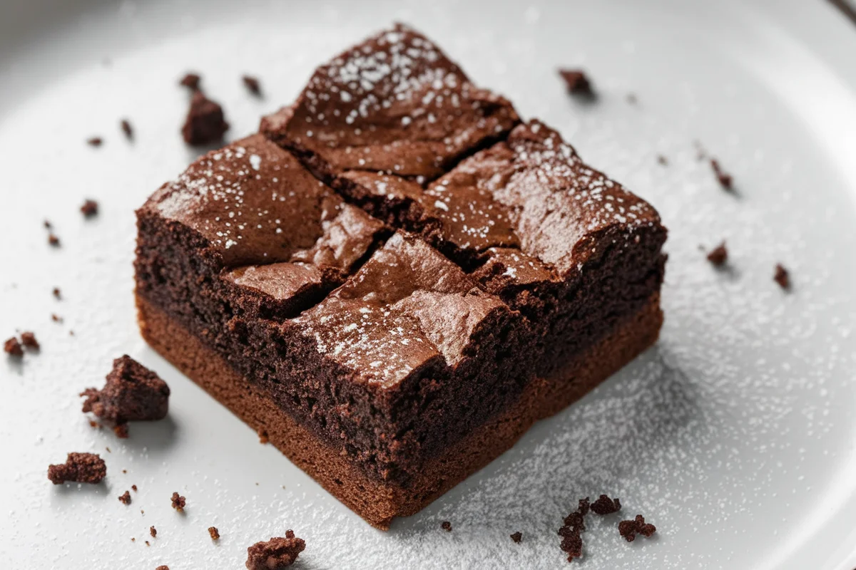 Fudgy gluten-free brownie on a white plate with powdered sugar.