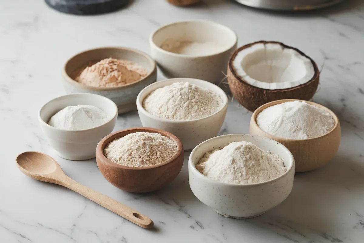 Assortment of gluten-free flours including almond, rice, and coconut flour.