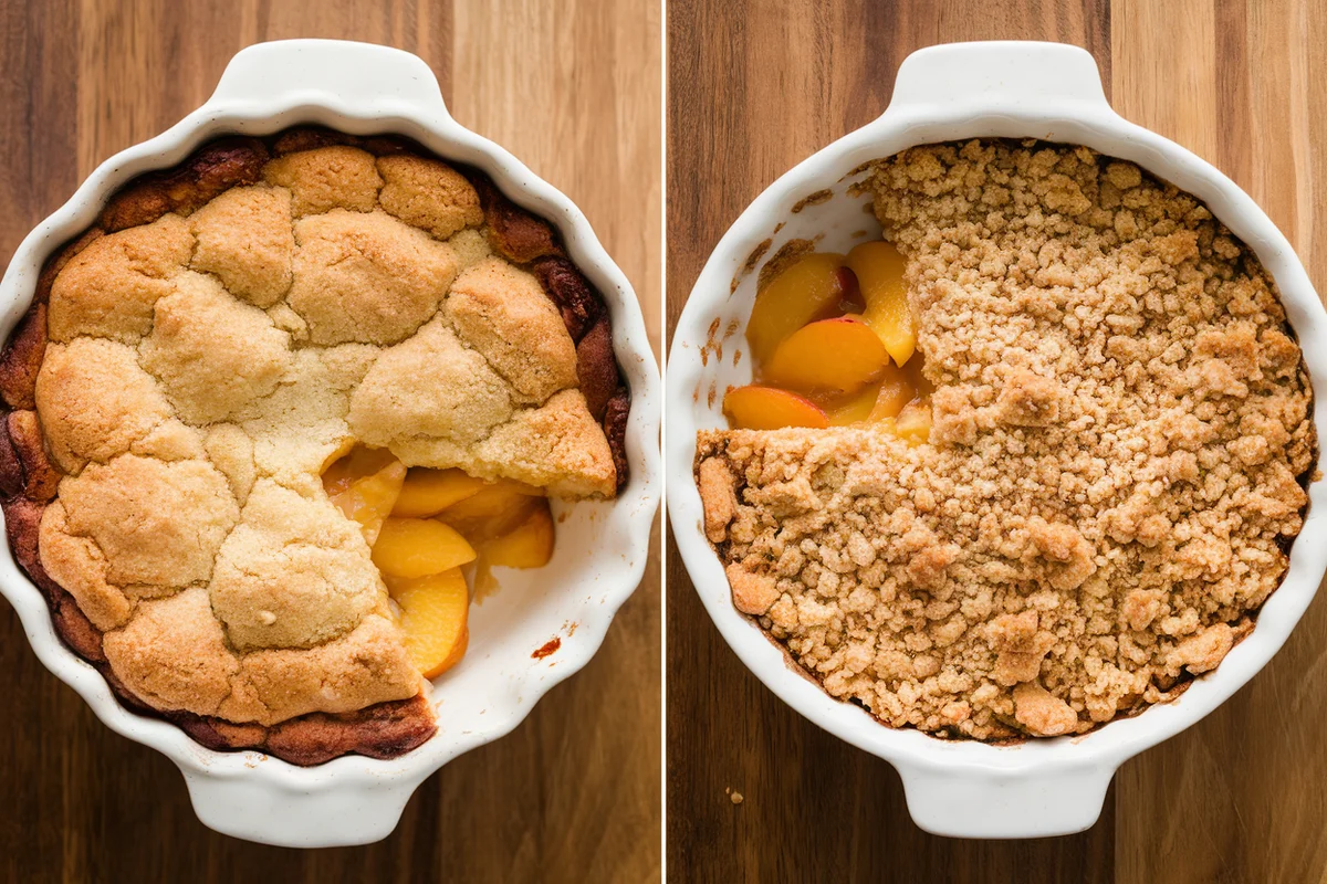 Side-by-side comparison of peach cobbler and crumble desserts.