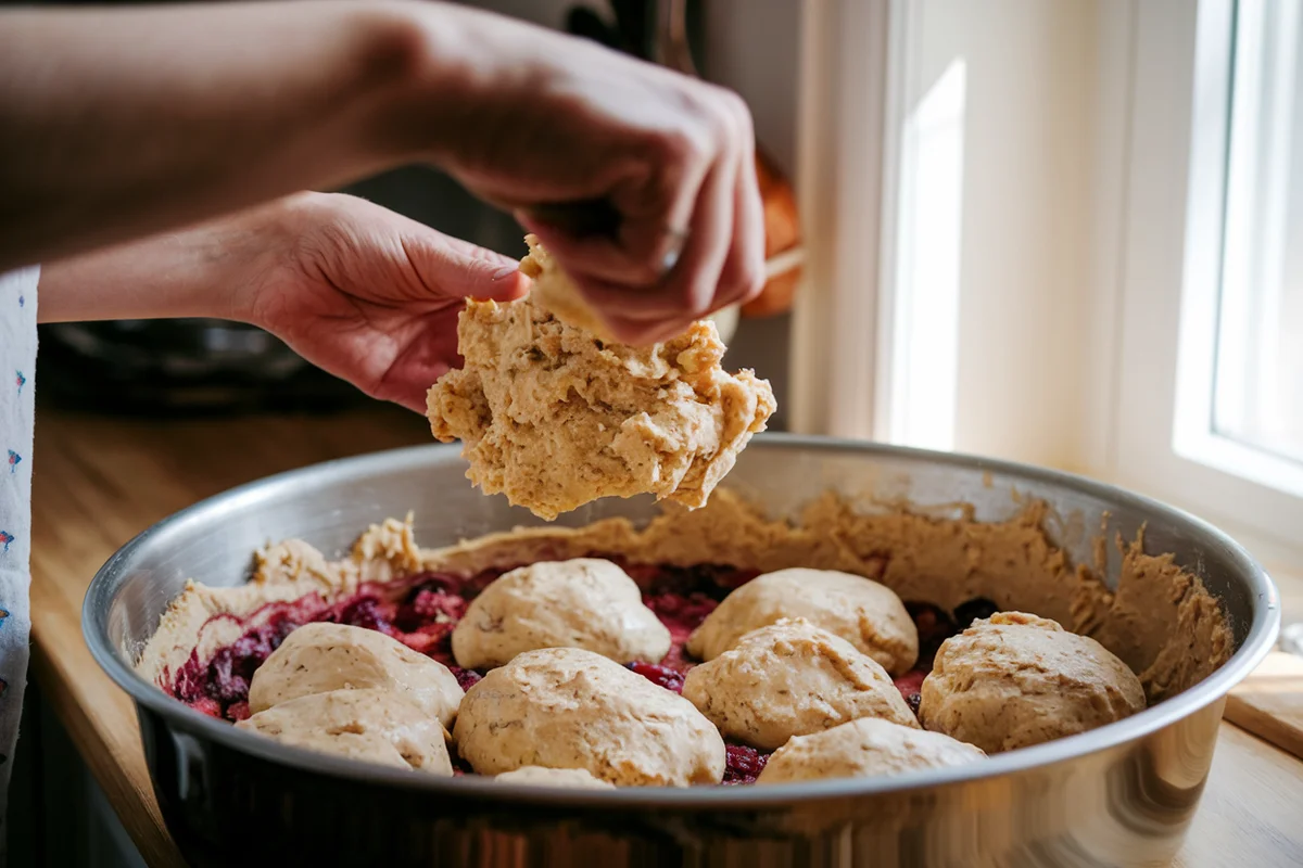 Hands mixing cobbler dough in a bowl, showing the lumpy, thick texture of the batter.