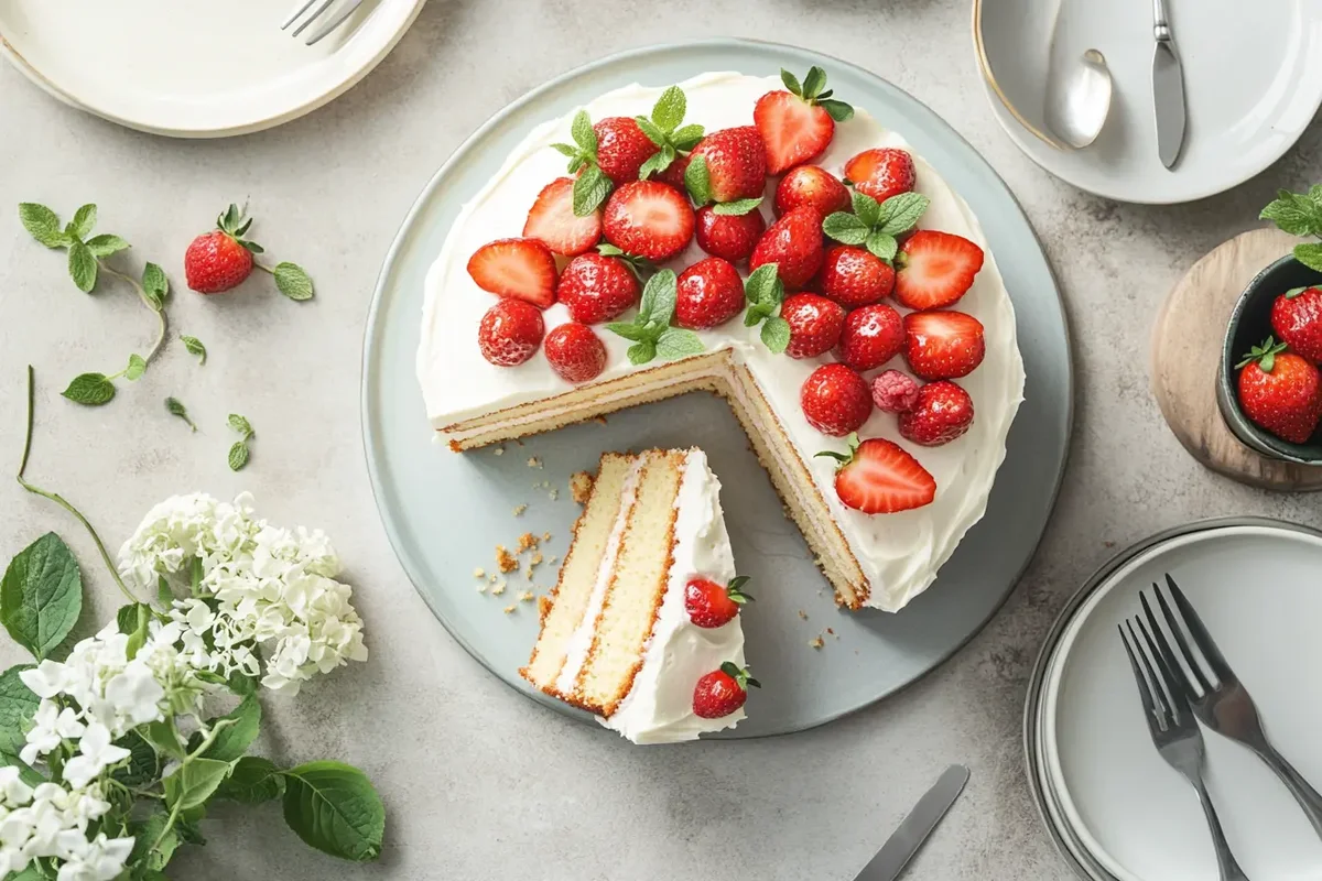 Partially sliced cake made with Betty Crocker Lower Sugar Cake Mix, decorated with fruit, on a kitchen table.