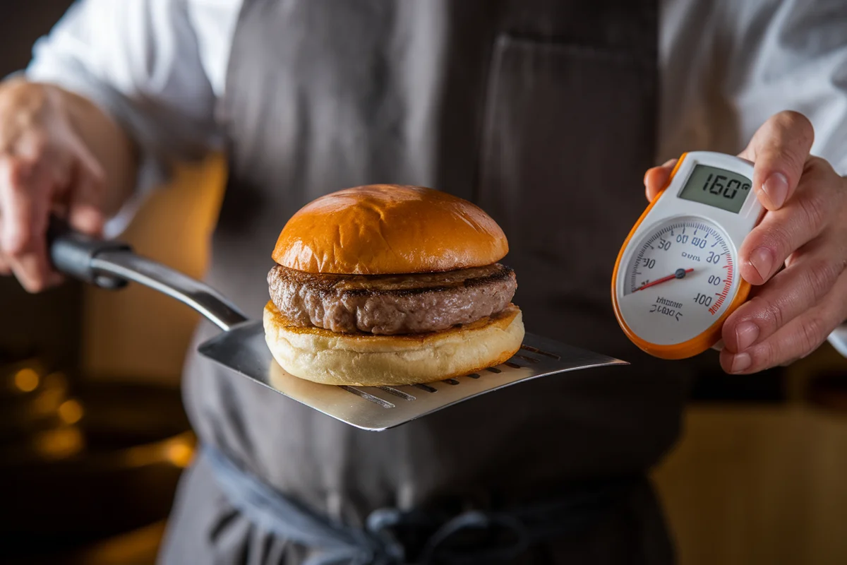 Chef holding a burger with a thermometer showing 160 degrees Fahrenheit.