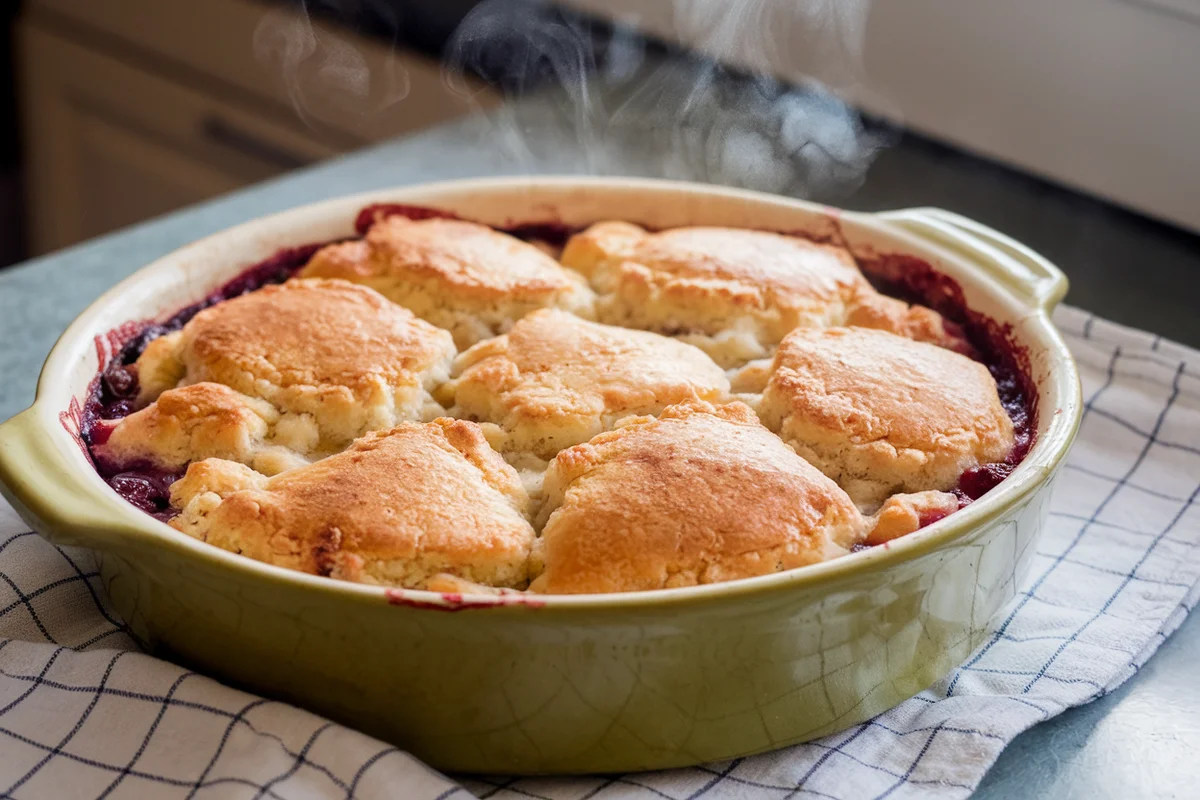 Freshly baked cobbler with a golden, crispy topping and bubbling fruit filling in a ceramic dish.