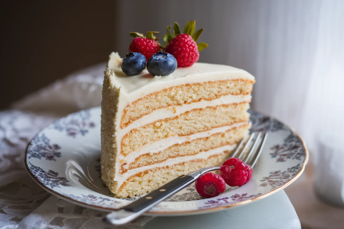 Slice of gluten-free vanilla cake with frosting and berries.