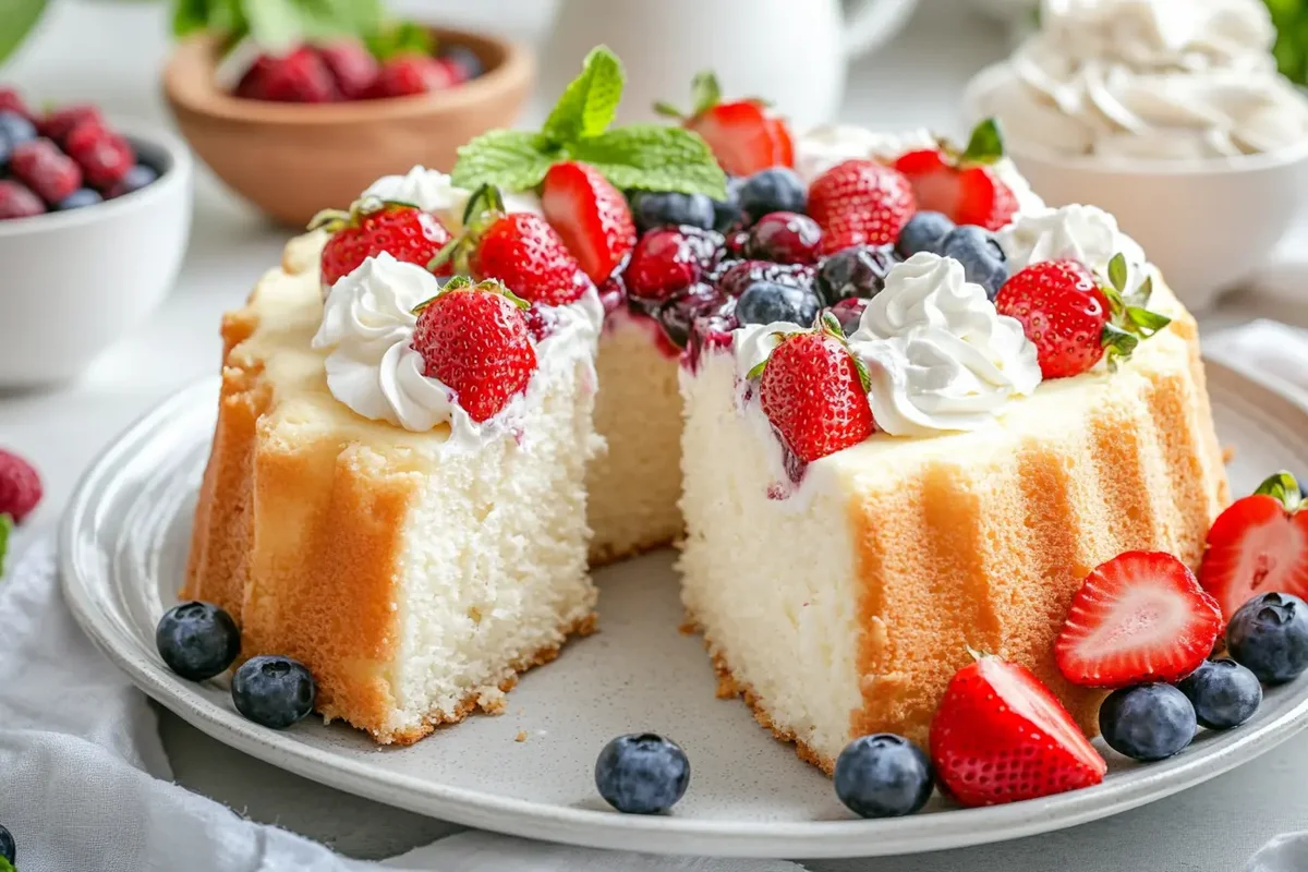 A sliced sugar-free angel food cake topped with fresh berries, sugar-free whipped cream, and a drizzle of berry sauce.