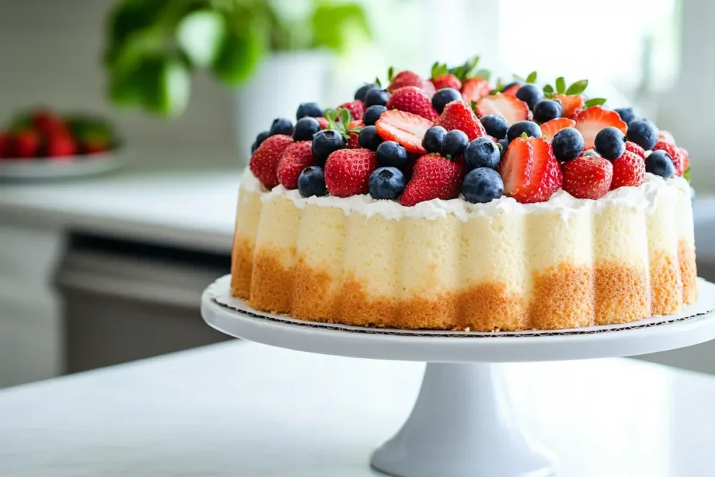 A sugar-free angel food cake topped with fresh berries on a white cake stand in a bright kitchen.