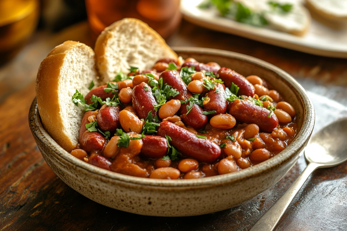 Bowl of beanie weenies with baked beans and sliced hot dogs