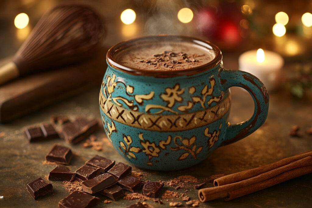 A warm cup of Mexican hot chocolate in a traditional mug with chocolate discs and cinnamon sticks.