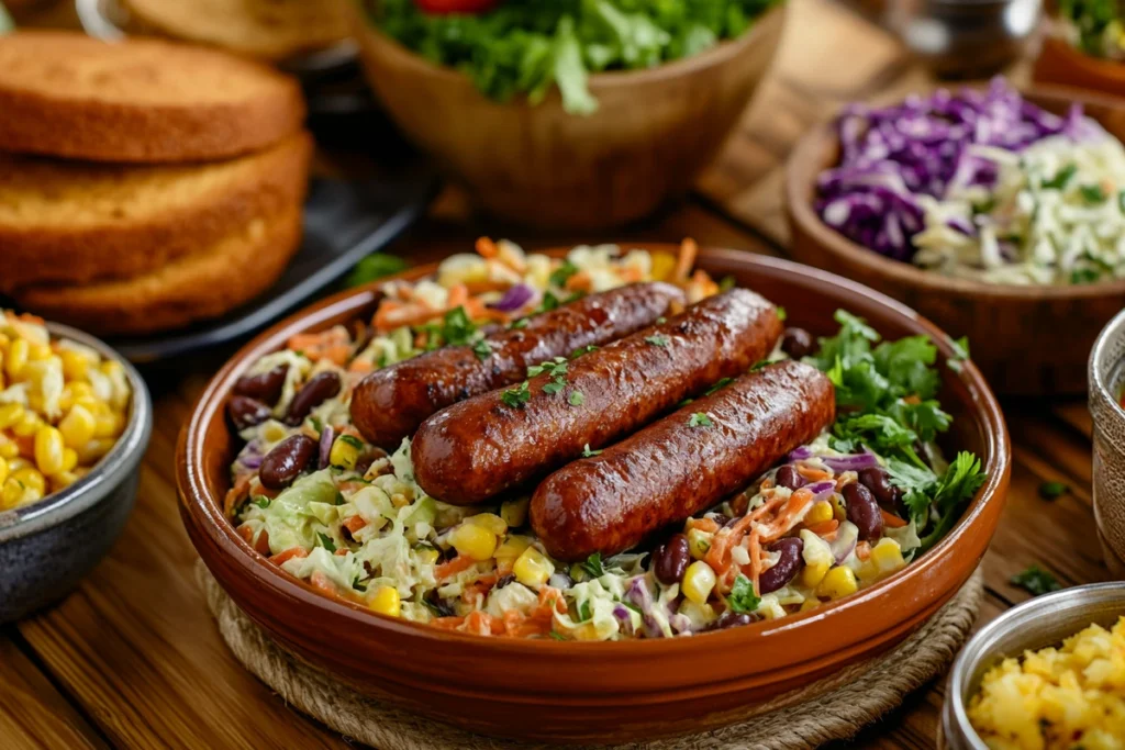 Beanie Weenies with coleslaw, cornbread, and green salad on a rustic table.