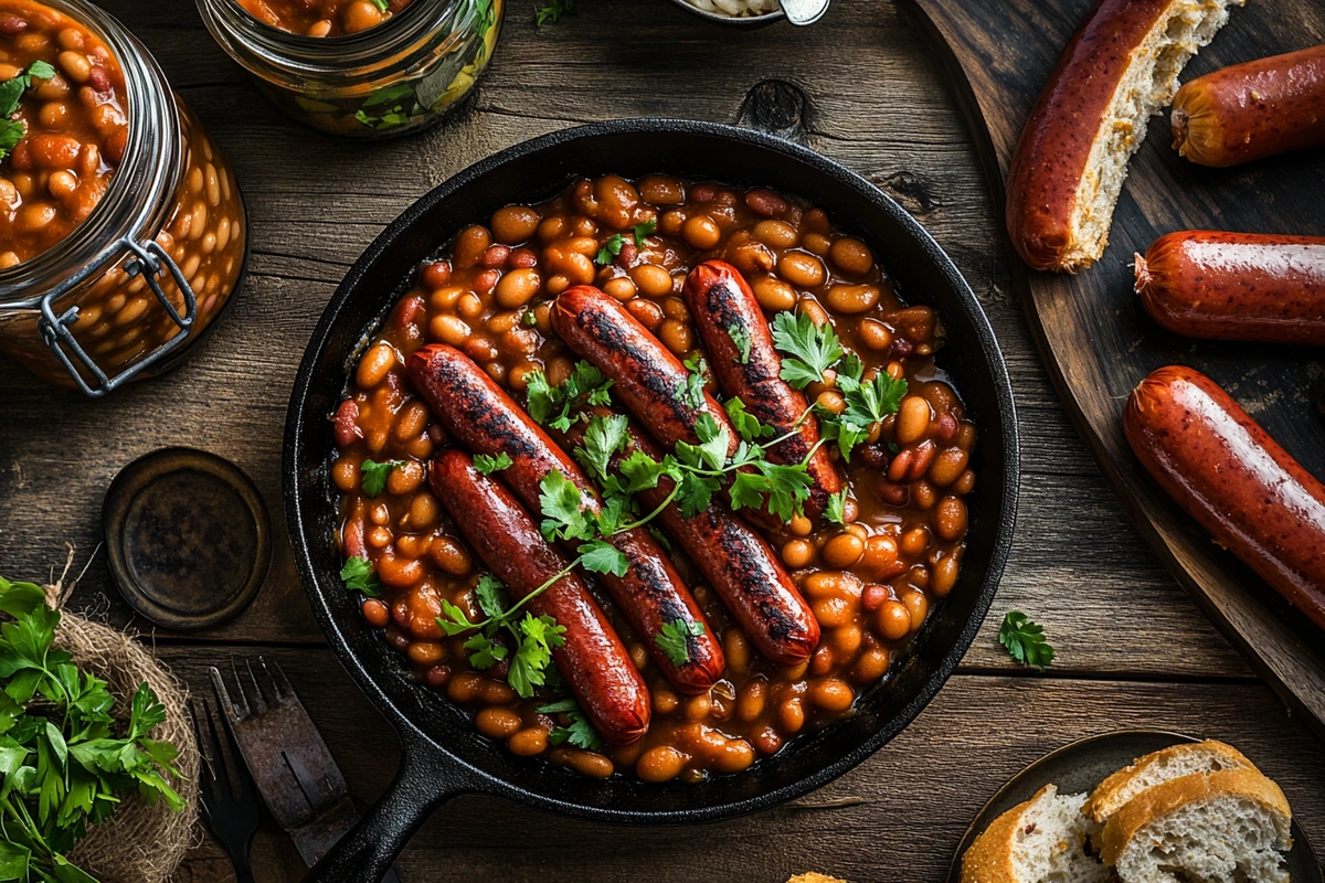 Overhead view of beanies and weenies in a skillet on a rustic table.