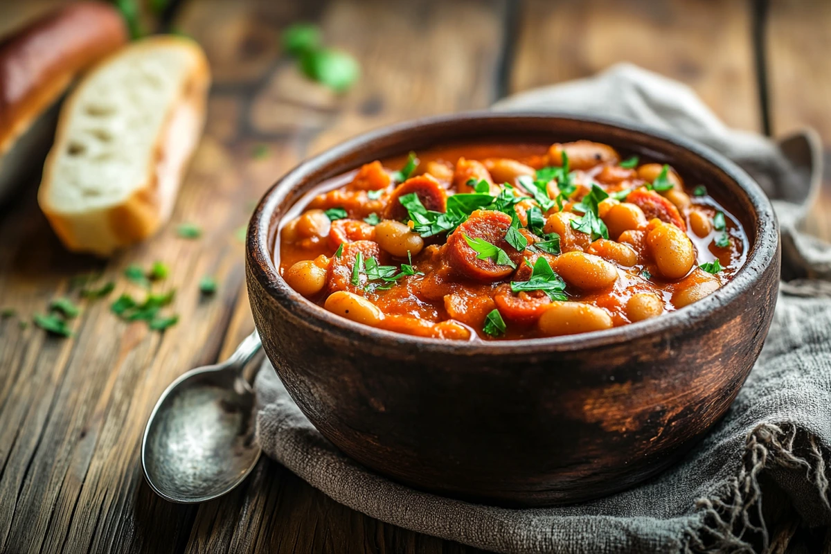 A bowl of beanie weenies with herbs and bread on a wooden table.