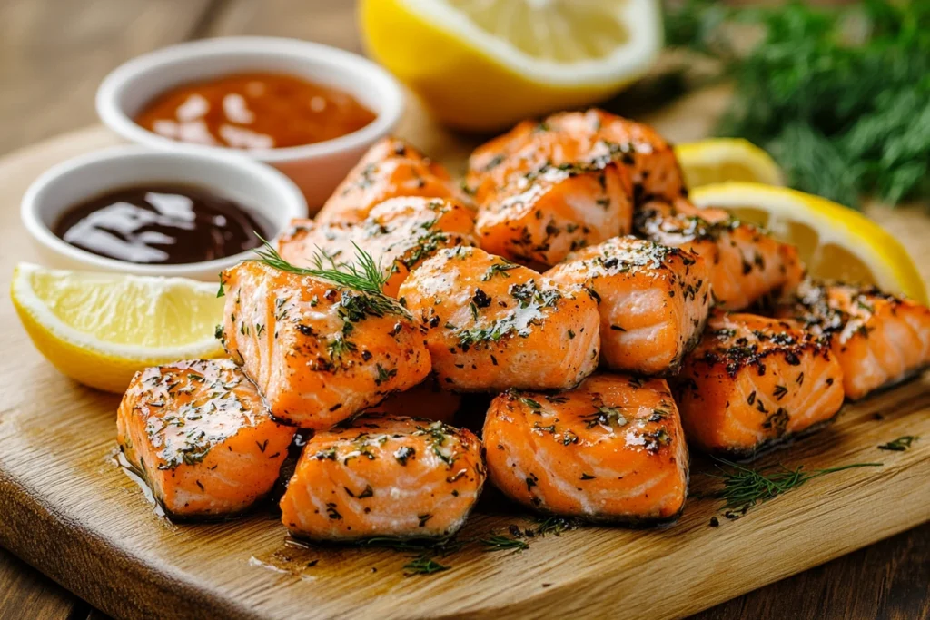 A plate of salmon bites garnished with herbs and lemon.