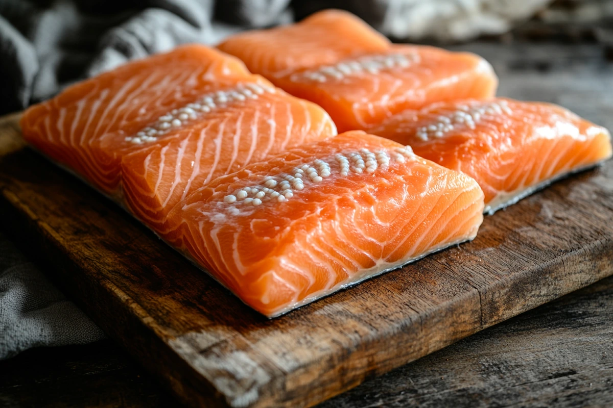 Close-up of raw salmon fillet with visible white worms.