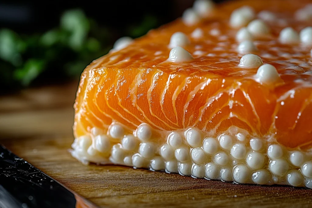 Close-up of salmon fillet with white balls embedded in the meat on a cutting board with a knife.