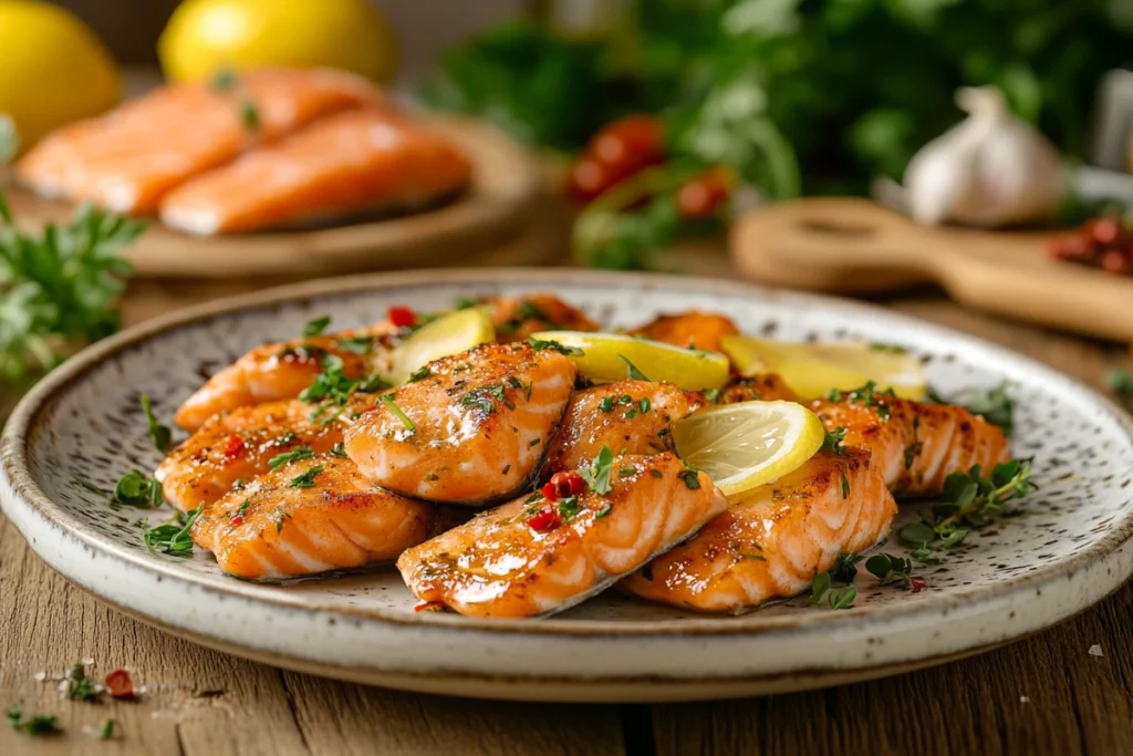 Crispy salmon skin garnished with herbs and lemon on a rustic wooden table