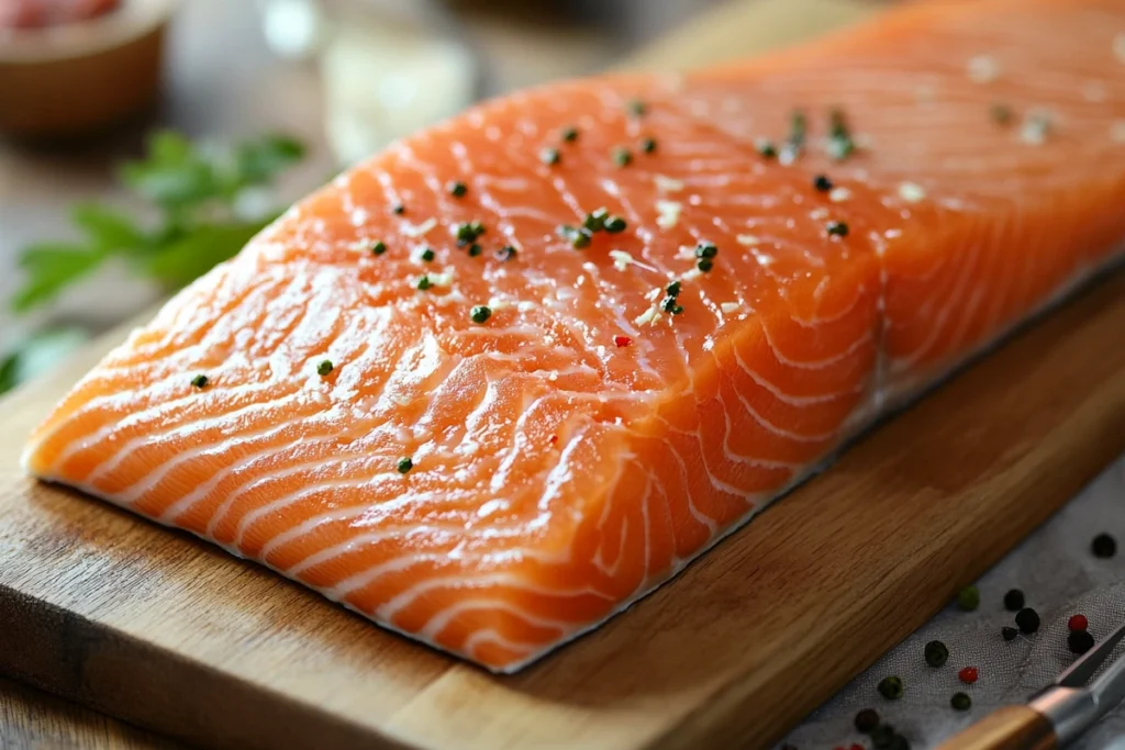 Salmon fillet with pin bones visible, ready for removal.