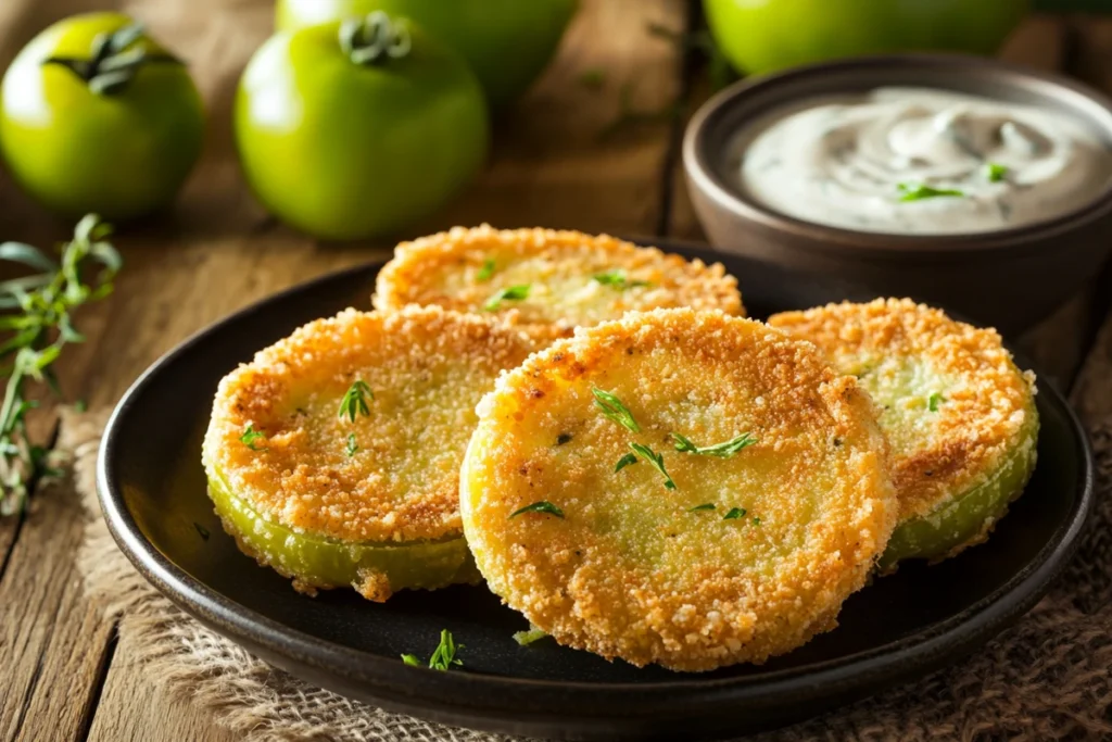 A plate of classic Southern fried green tomatoes with dipping sauce.