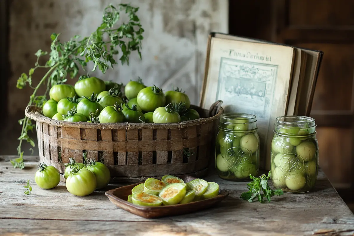 Basket of fresh green tomatoes with pickled and fried green tomatoes on a rustic kitchen table