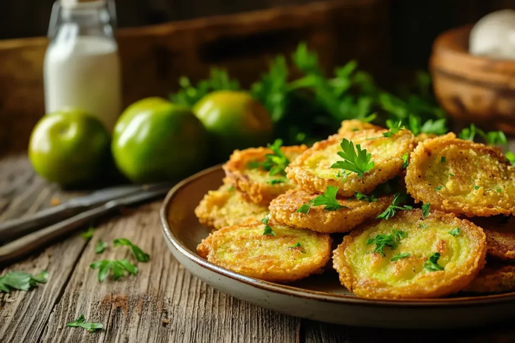 Crispy fried green tomatoes on a plate in a cozy Southern-style kitchen.