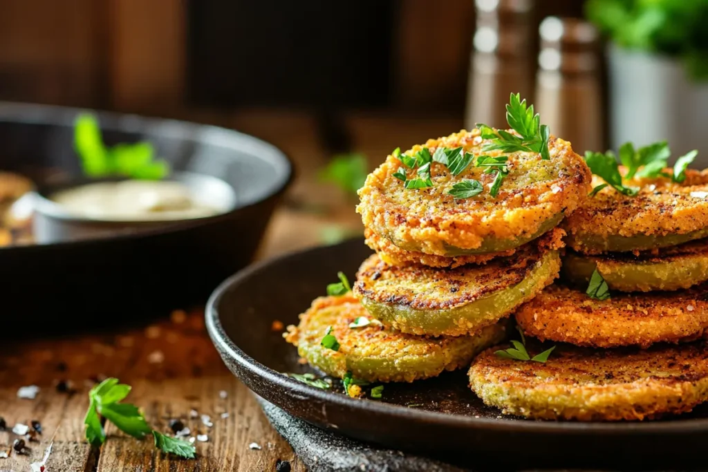 Plate of crispy fried green tomatoes with herbs in a rustic kitchen setting