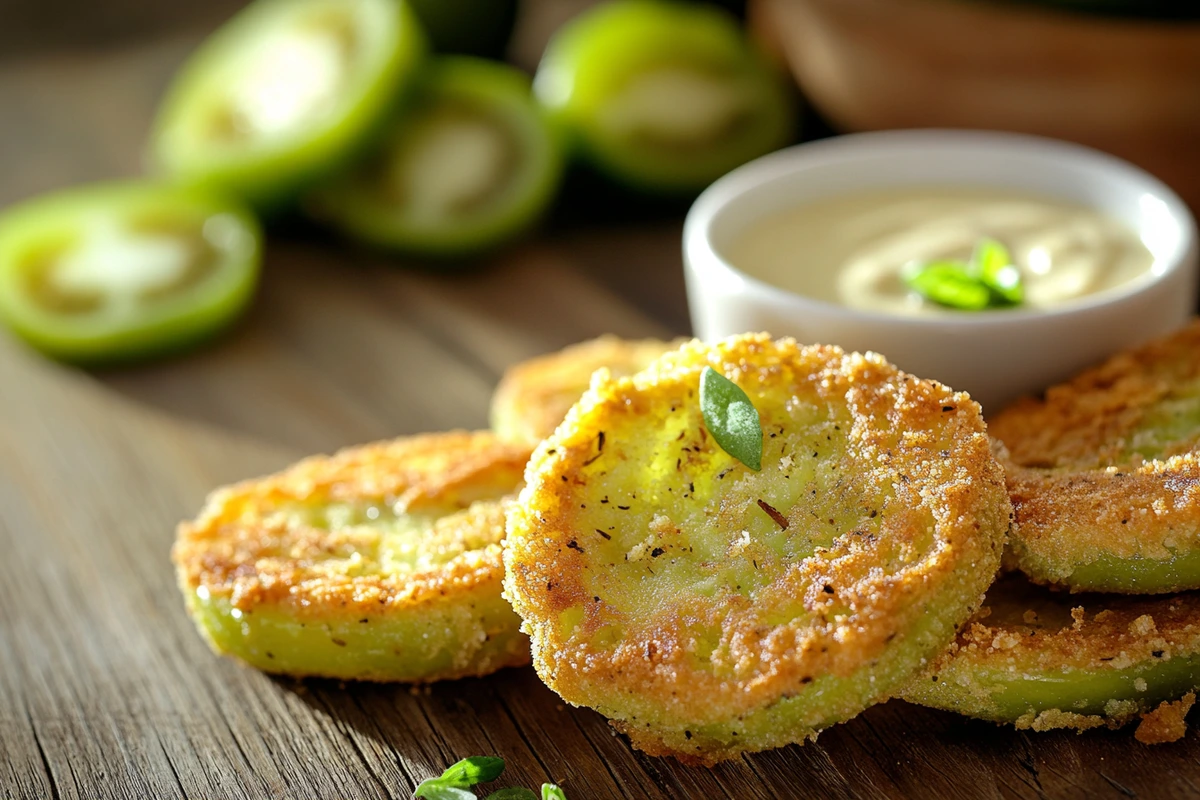 A close-up of crispy fried green tomatoes with dipping sauce on a rustic table