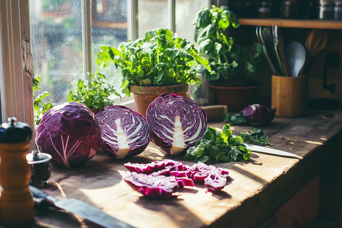 Fresh red cabbage on a rustic kitchen table with herbs and sunlight.