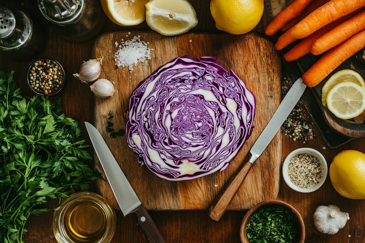 Freshly sliced red cabbage with carrots and herbs on a wooden chopping board.