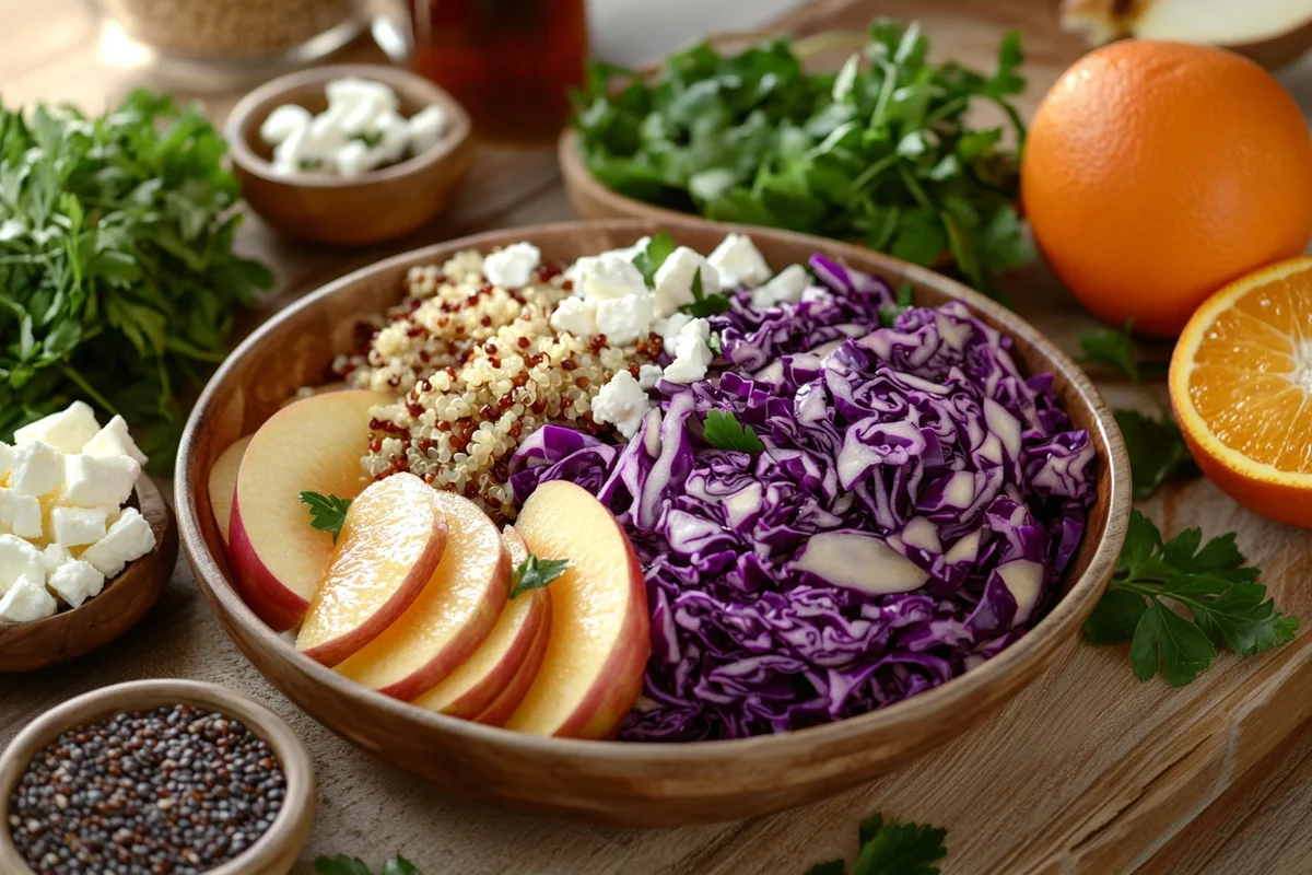 A bowl of thinly sliced red cabbage with apples, oranges, chicken, feta cheese, and grains on a rustic wooden table.