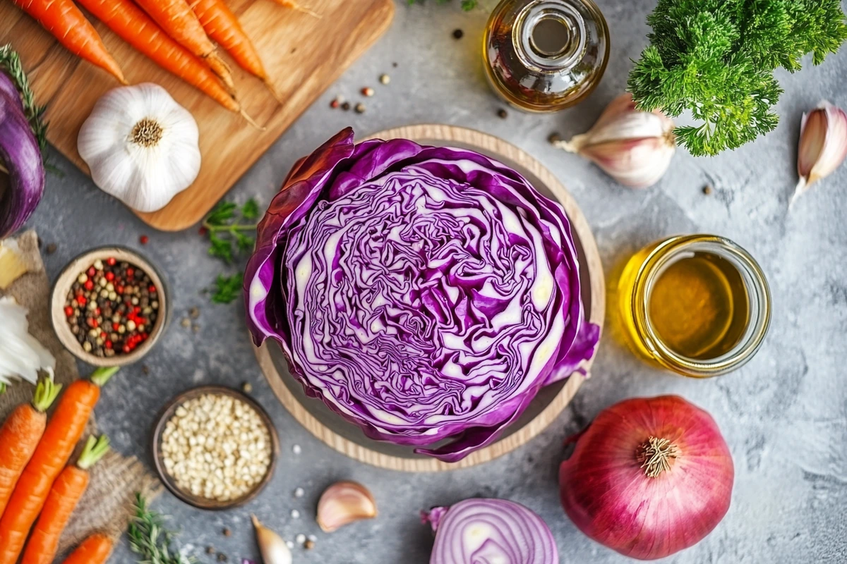 Fresh red cabbage and kitchen ingredients for various cooking uses on a countertop.