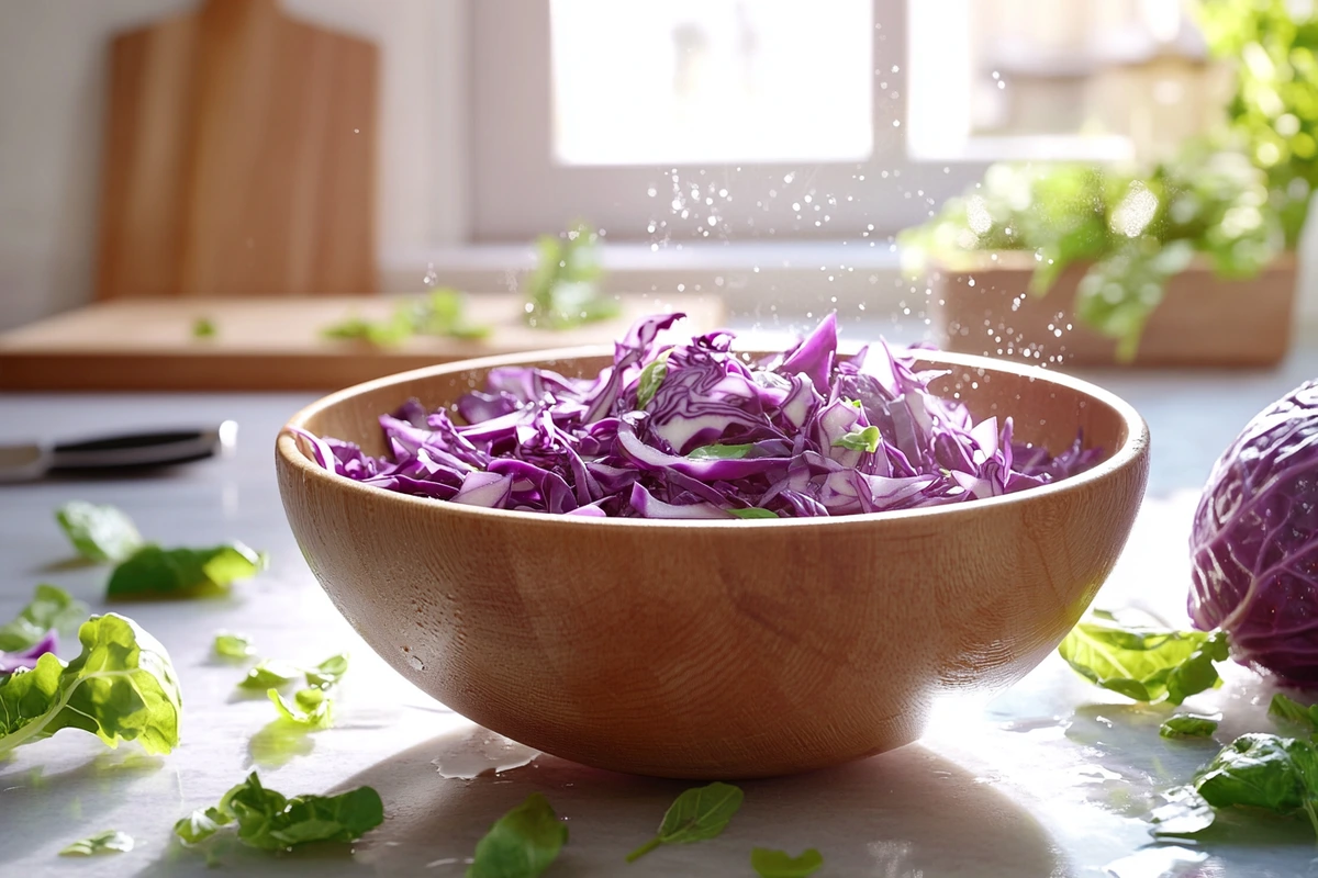 Red cabbage soaking in water in a wooden bowl on a kitchen countertop.