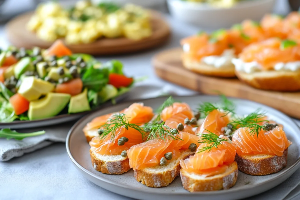 Variety of smoked salmon dishes including crostini, salad, and bagels.