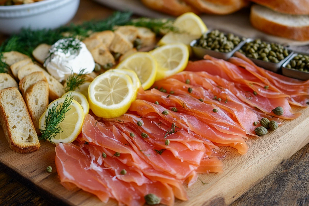 Smoked salmon platter with fresh garnishes and bread.