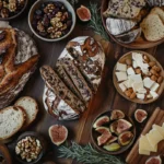 Rustic sourdough bread loaves with different add-ins, surrounded by ingredients like rosemary, figs, and walnuts on a wooden table.