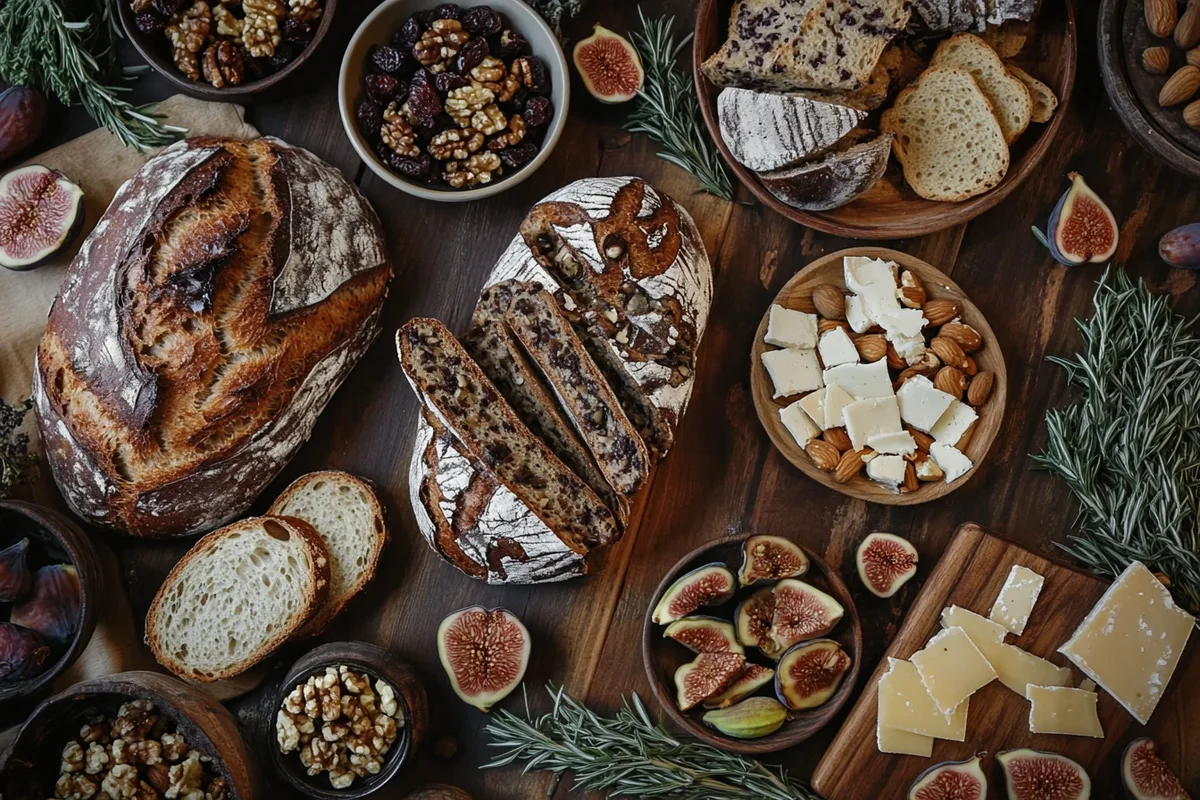 Rustic sourdough bread loaves with different add-ins, surrounded by ingredients like rosemary, figs, and walnuts on a wooden table.