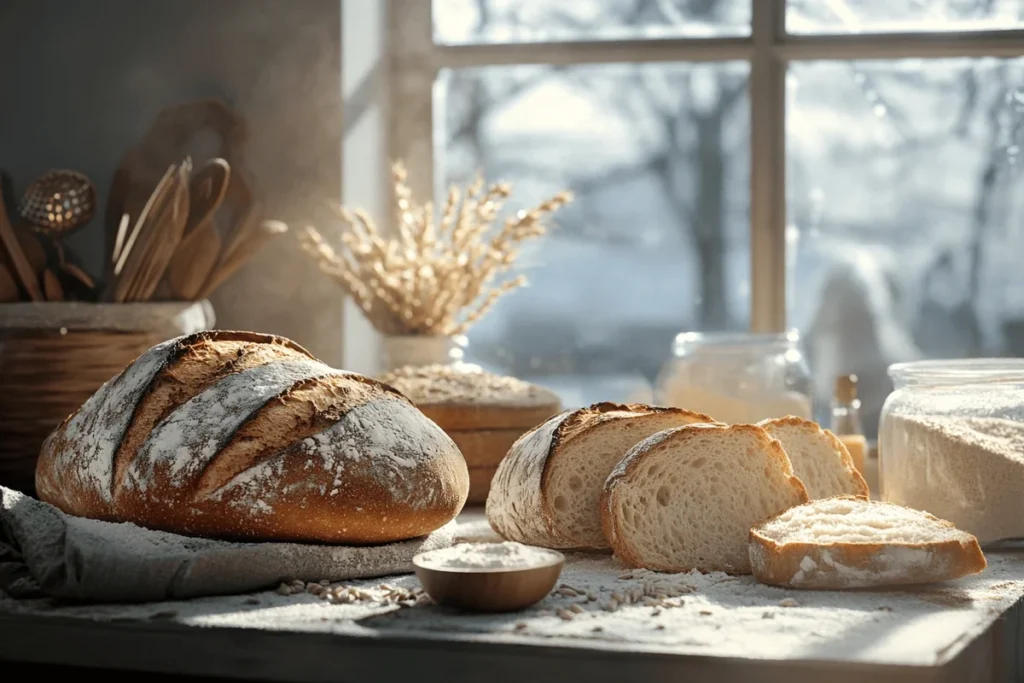 Freshly baked sourdough bread and regular bread side by side in a rustic kitchen setting.