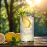 A refreshing glass of Owen’s Classic Lemonade with fresh lemons and mint on a wooden table.