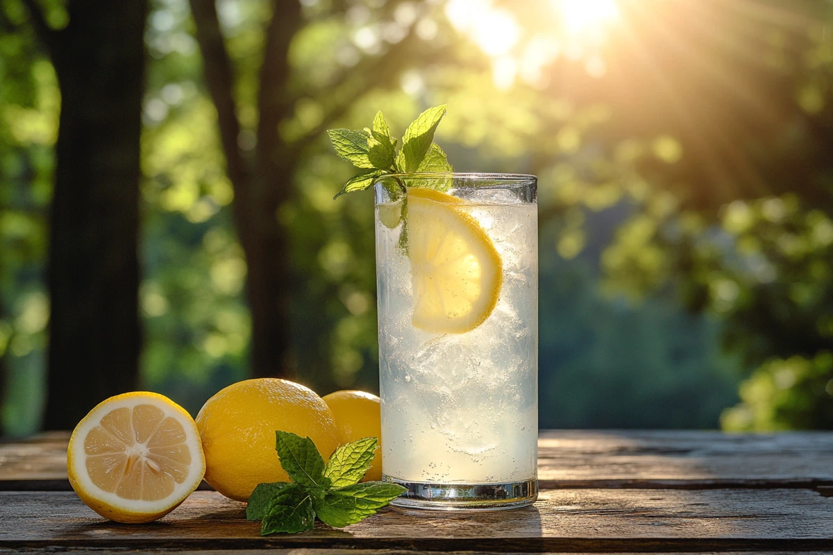 A refreshing glass of Owen’s Classic Lemonade with fresh lemons and mint on a wooden table.