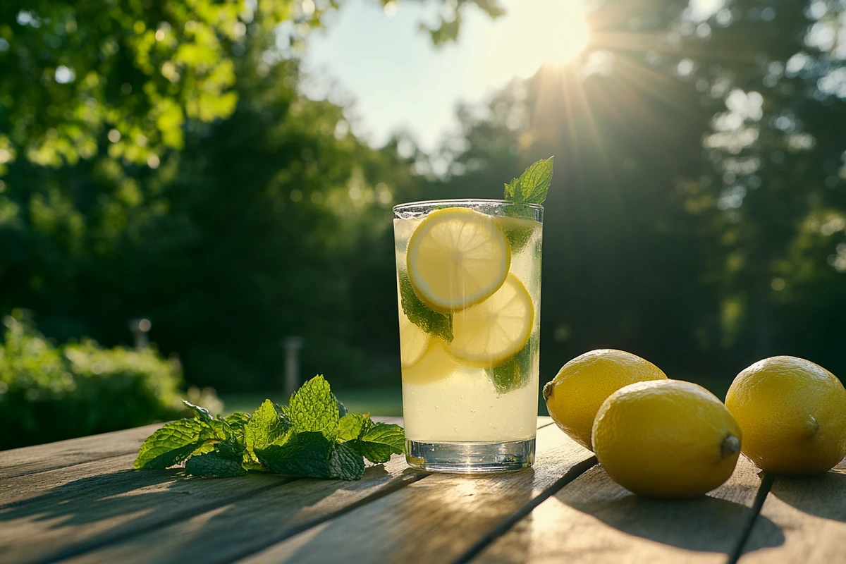 A refreshing glass of NÜTRL Classic Lemonade with lemons and mint on a wooden table.