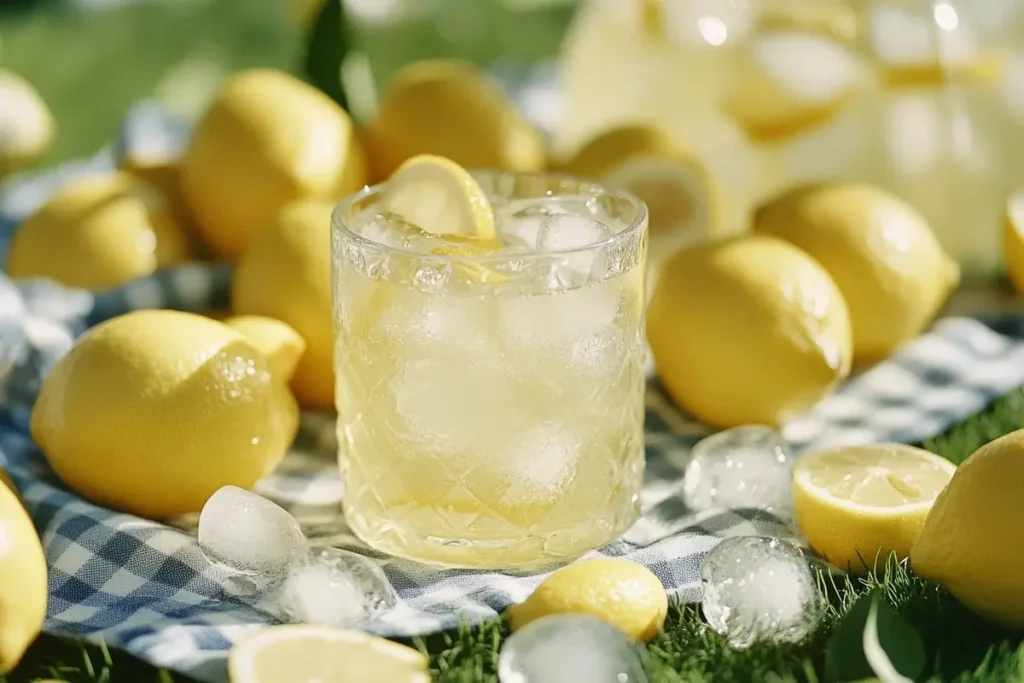 A glass of Dole Classic Lemonade with ice on a picnic blanket