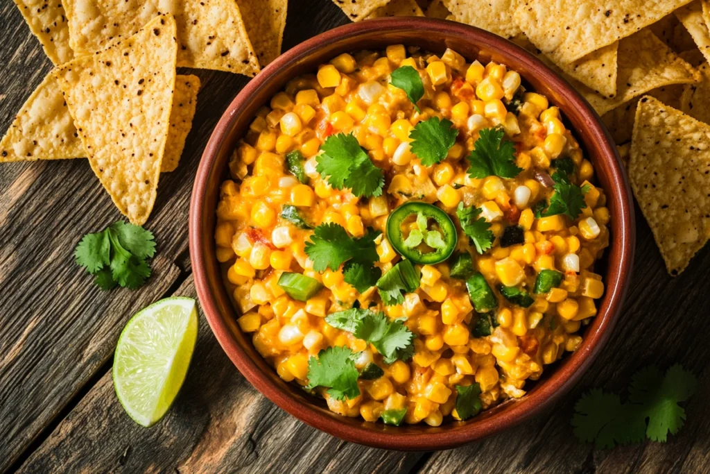 Mexican corn dip with cheese, jalapeños, and tortilla chips