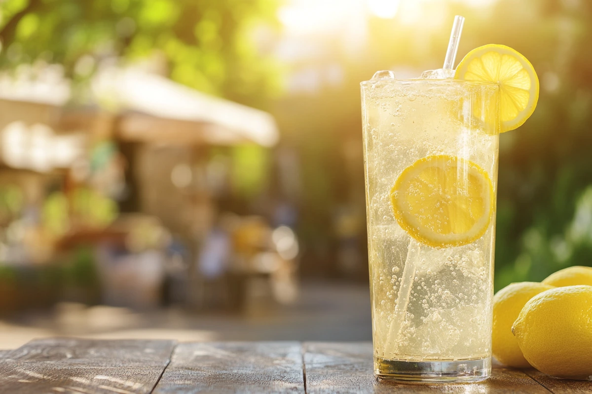 A cold glass of Frostie Classic Lemonade with lemon slices on a wooden table in a nostalgic outdoor setting.