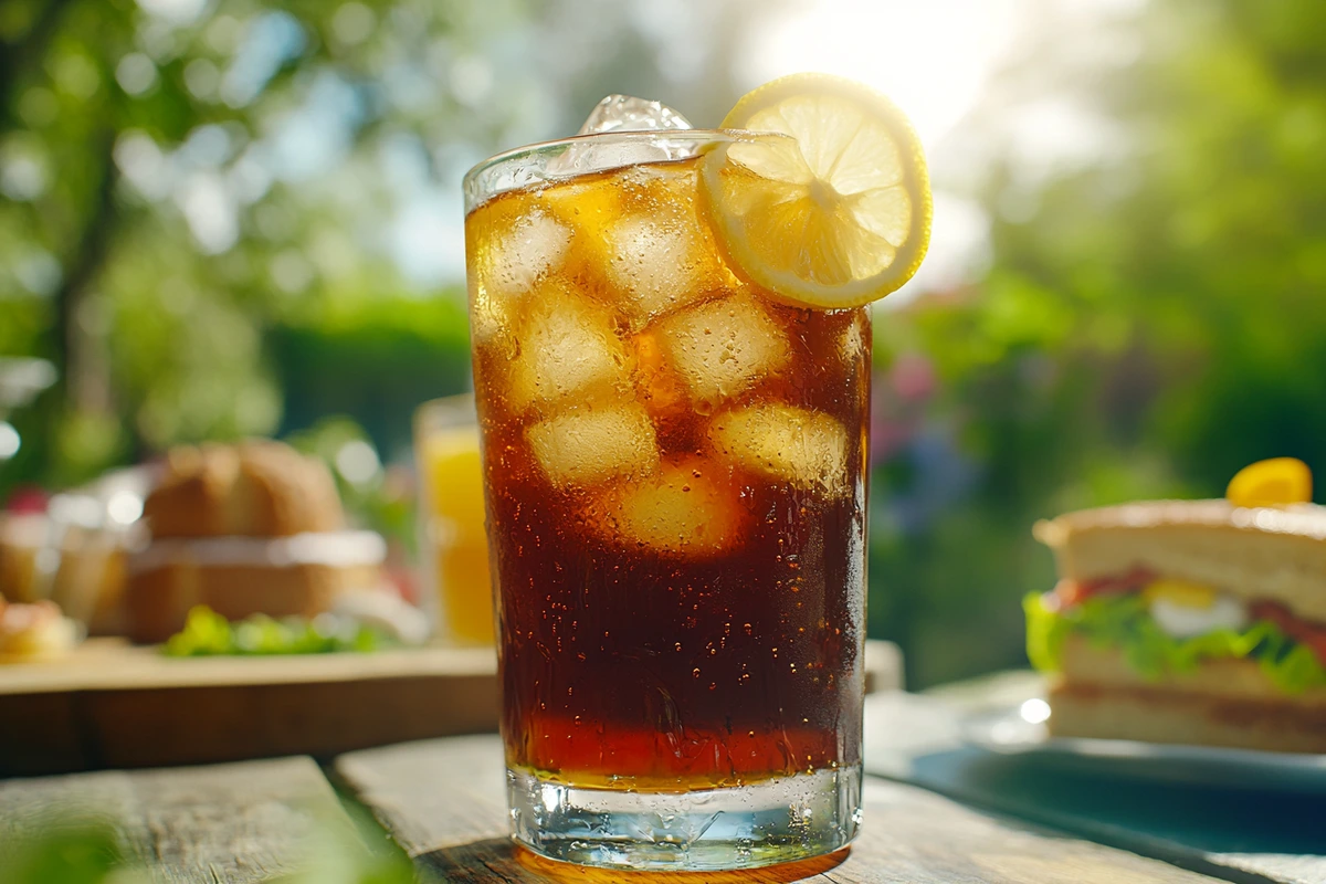 A glass of iced tea with lemon on a summer day, with snacks on a picnic table.