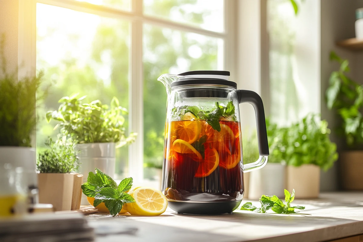 A sleek electric iced tea maker on a kitchen counter with a pitcher of freshly brewed iced tea.