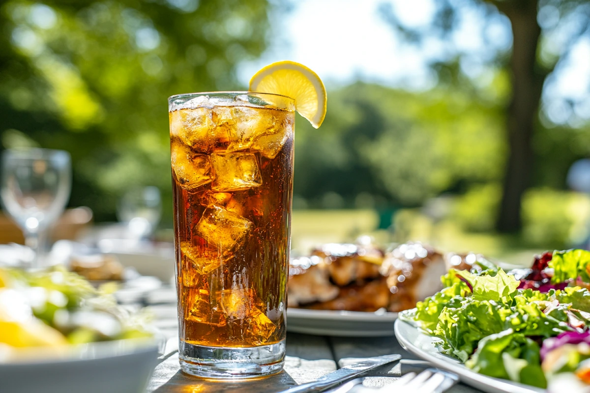 Refreshing iced tea with a lemon slice on a picnic table, paired with summer foods like salad and grilled chicken, set outdoors in a sunny garden.